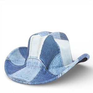 Blue Denim Patchwork Western Cowboy Fedora Hat